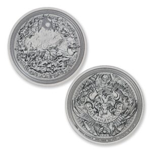 The Great Earthquake silver round with fractured landscape obverse and Seven Seals of the Apocalypse reverse