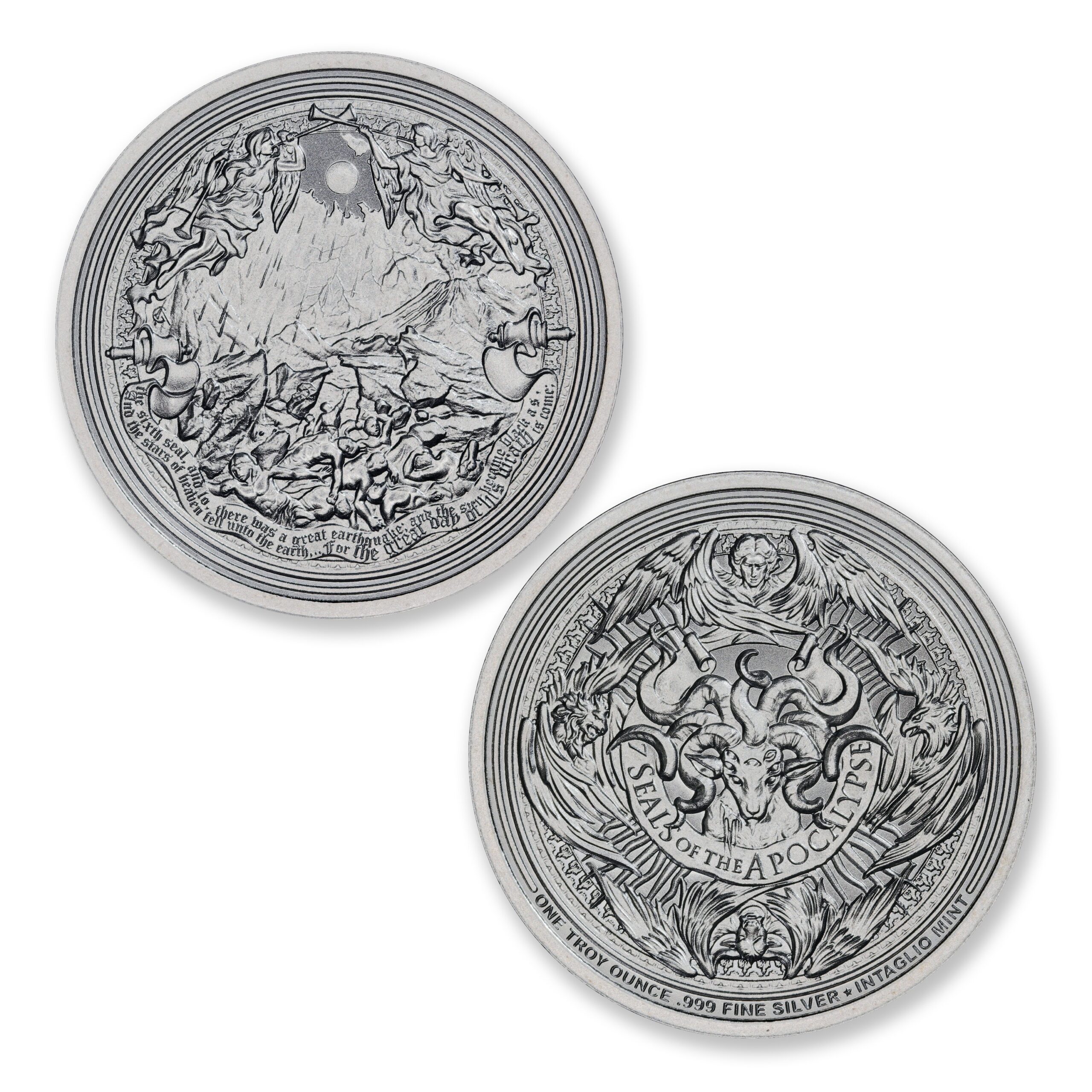The Great Earthquake silver round with fractured landscape obverse and Seven Seals of the Apocalypse reverse