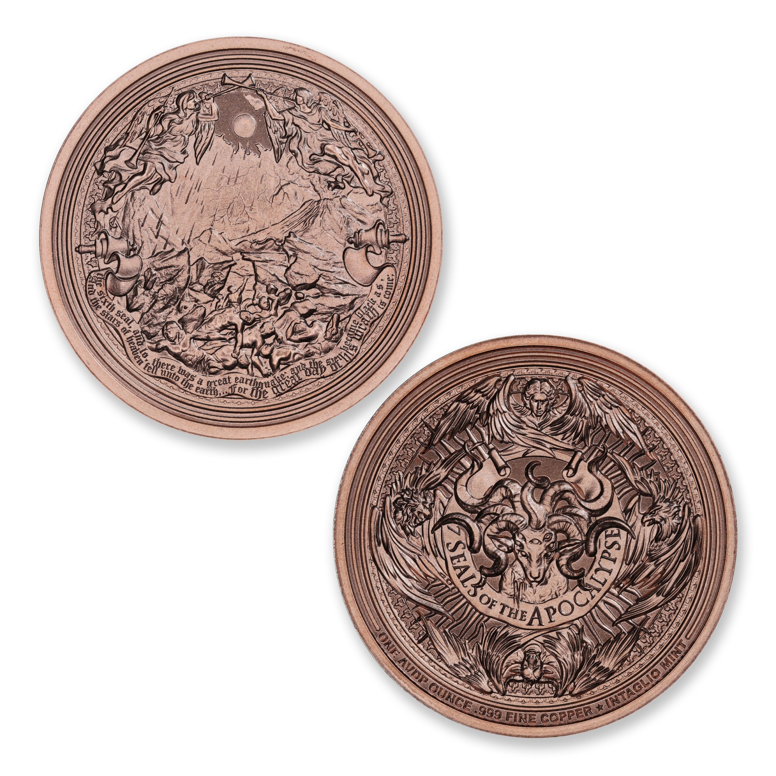 The Great Earthquake copper round with fractured landscape obverse and Seven Seals of the Apocalypse reverse