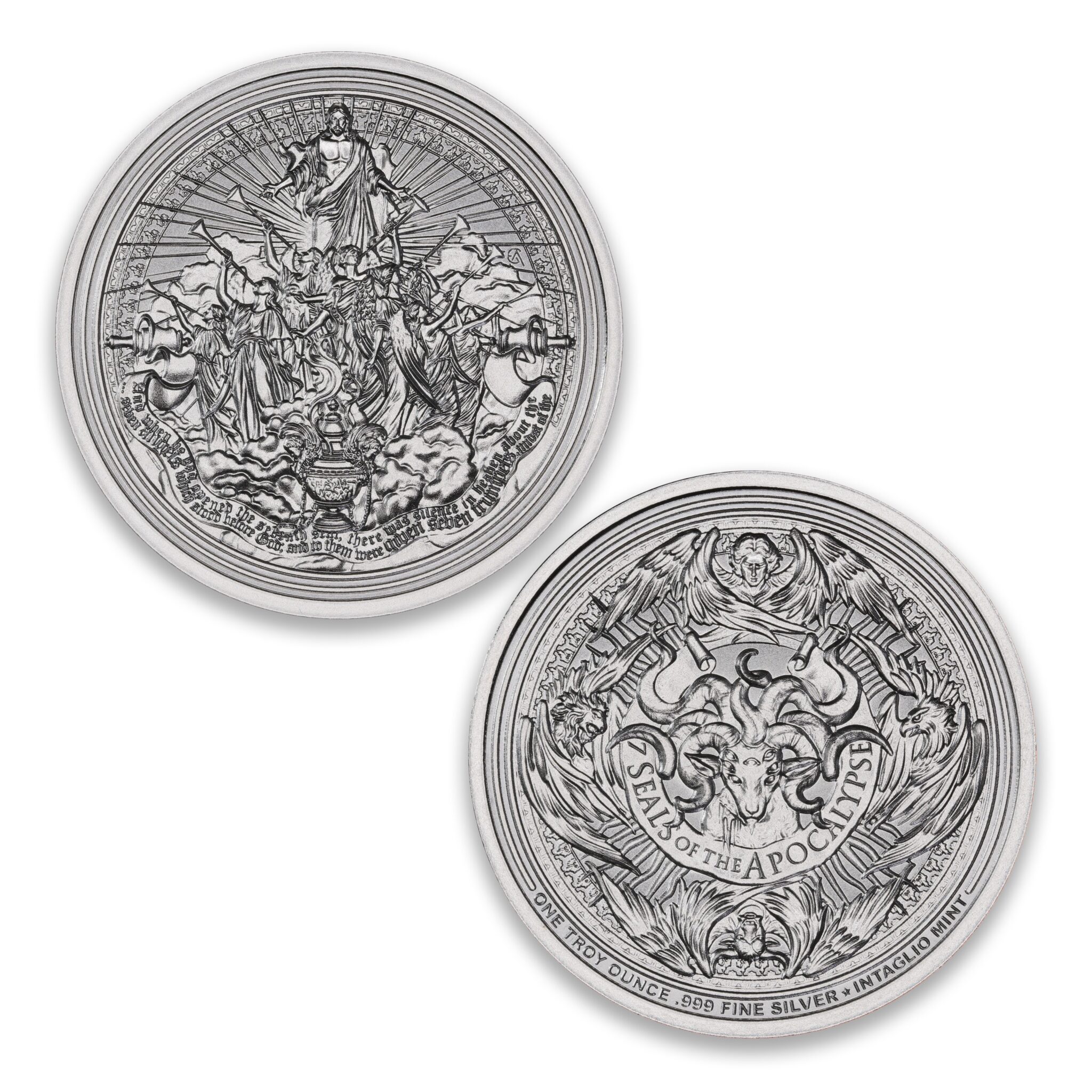 Silence silver round showing trumpet-bearing angels and a censer, with the Seven Seals of the Apocalypse Lamb reverse