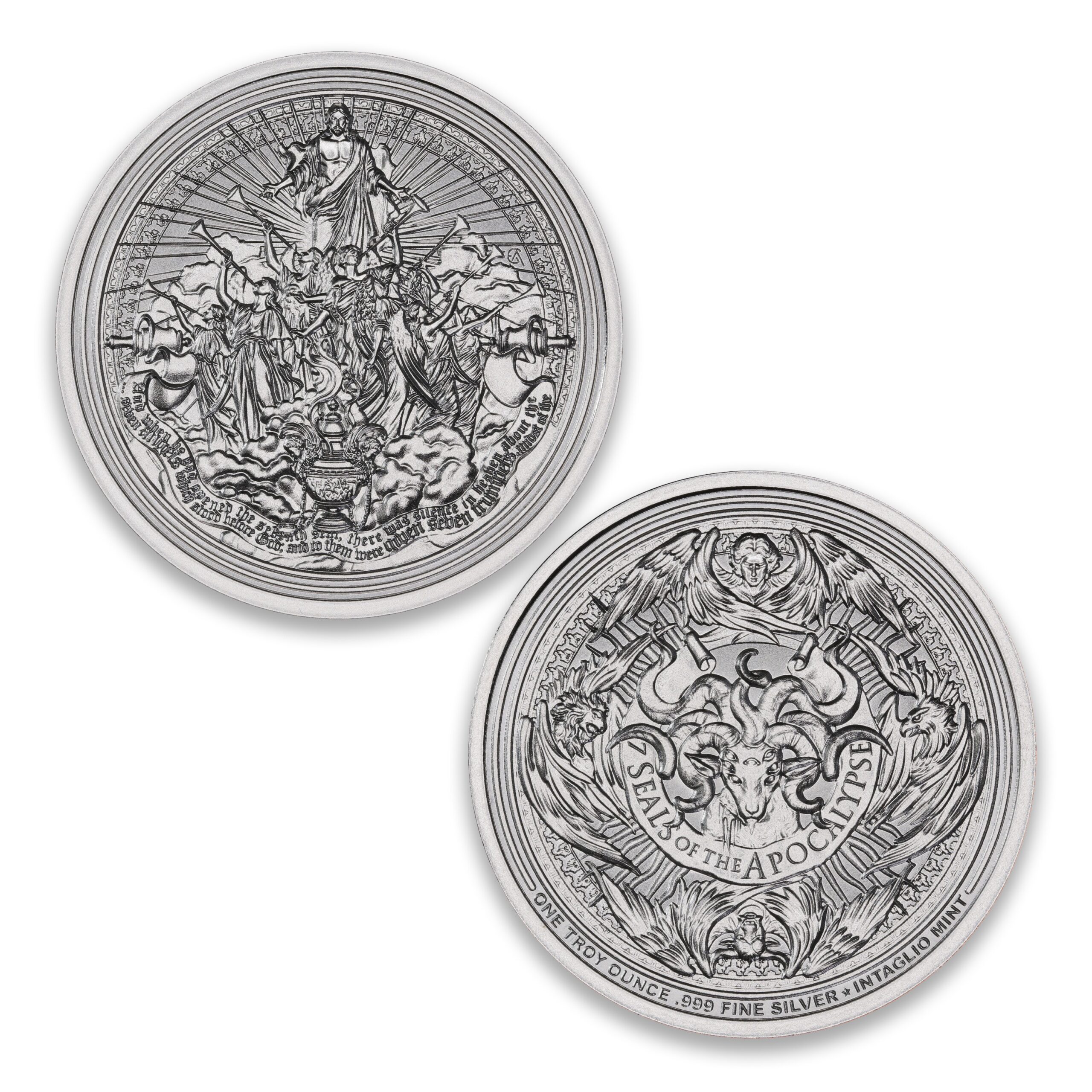 Silence silver round showing trumpet-bearing angels and a censer, with the Seven Seals of the Apocalypse Lamb reverse