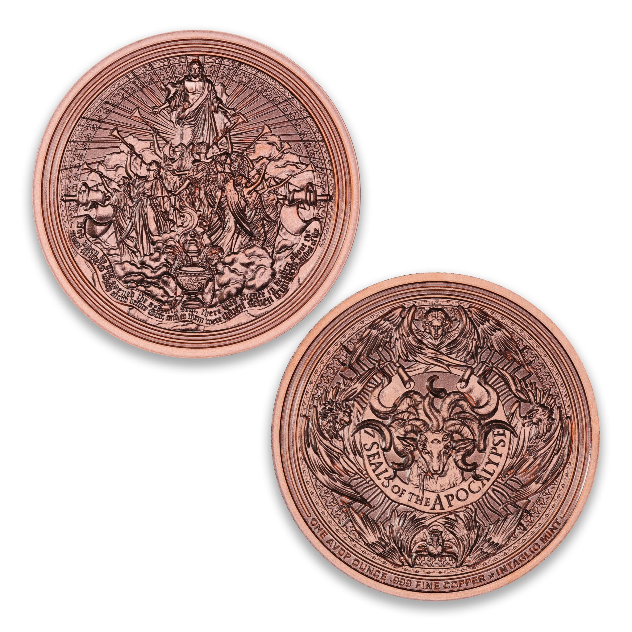Silence copper round showing trumpet-bearing angels and a censer, with the Seven Seals of the Apocalypse Lamb reverse