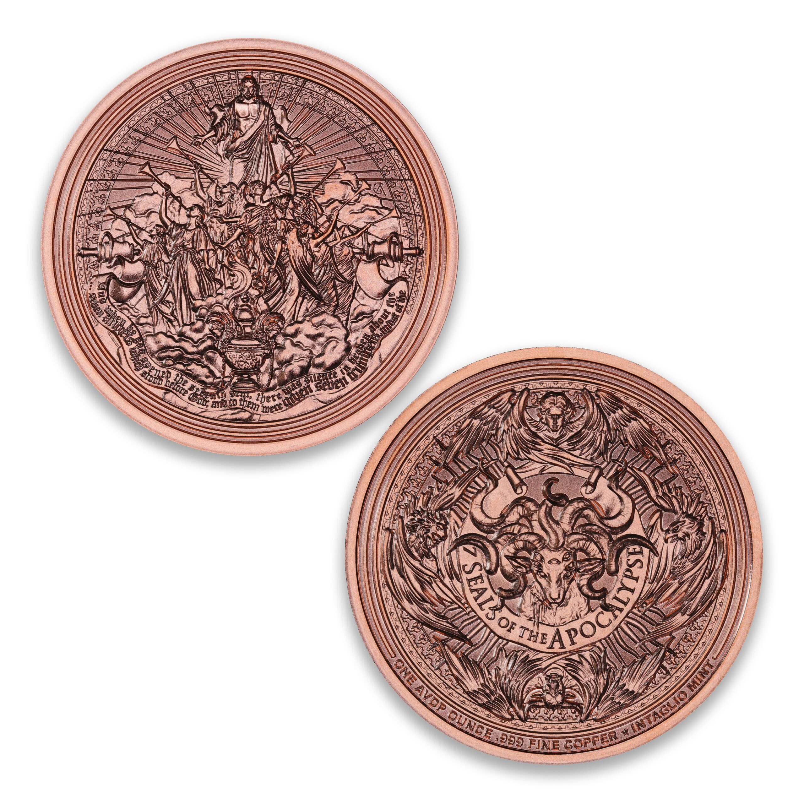 Silence copper round showing trumpet-bearing angels and a censer, with the Seven Seals of the Apocalypse Lamb reverse